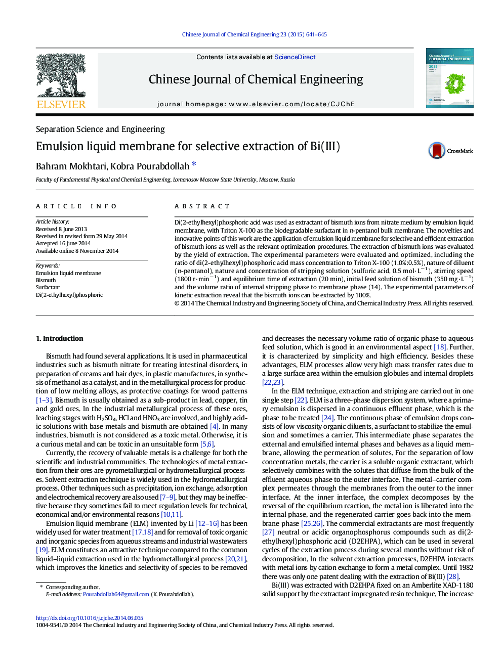 Emulsion liquid membrane for selective extraction of Bi(III)