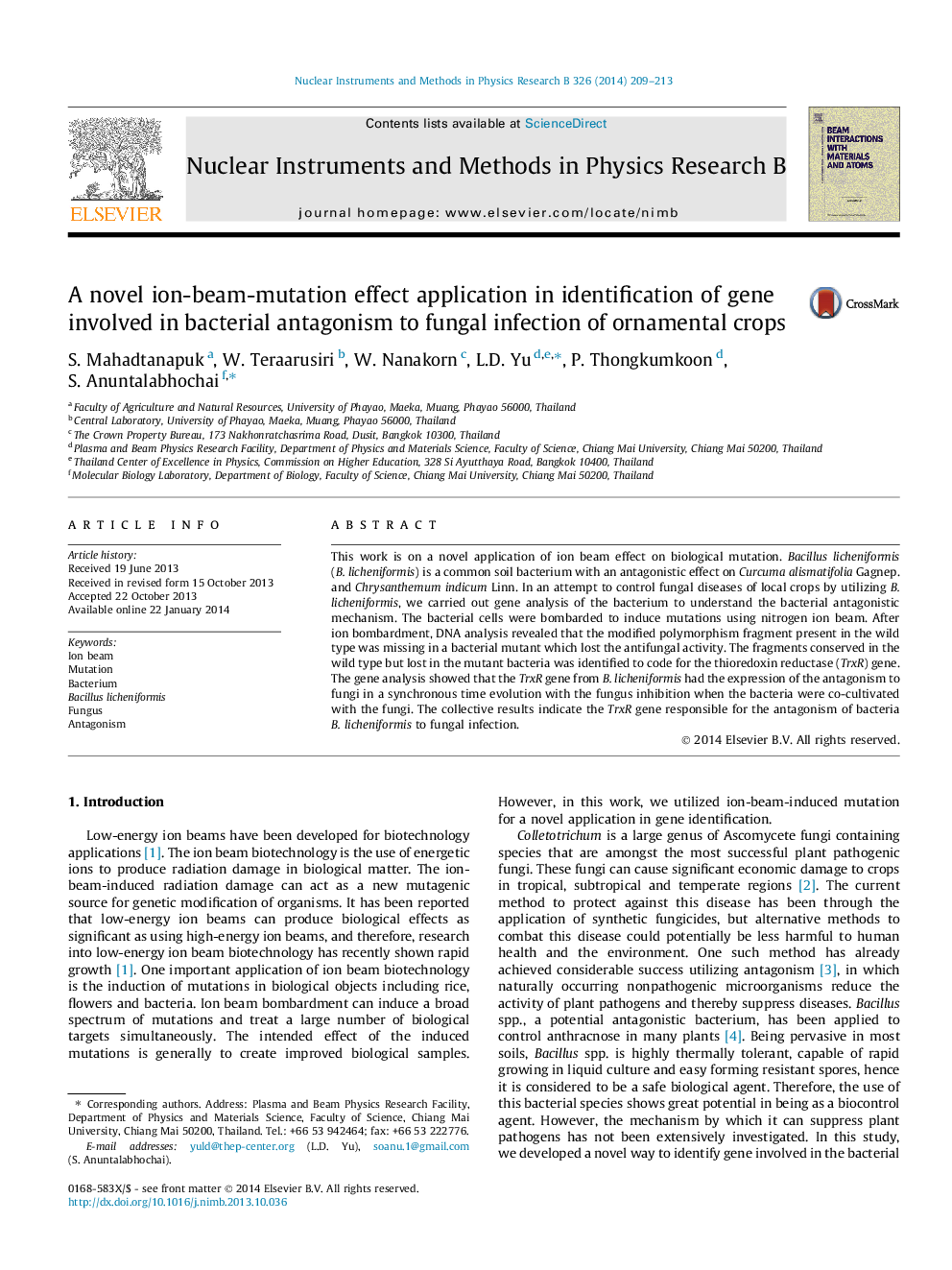 A novel ion-beam-mutation effect application in identification of gene involved in bacterial antagonism to fungal infection of ornamental crops