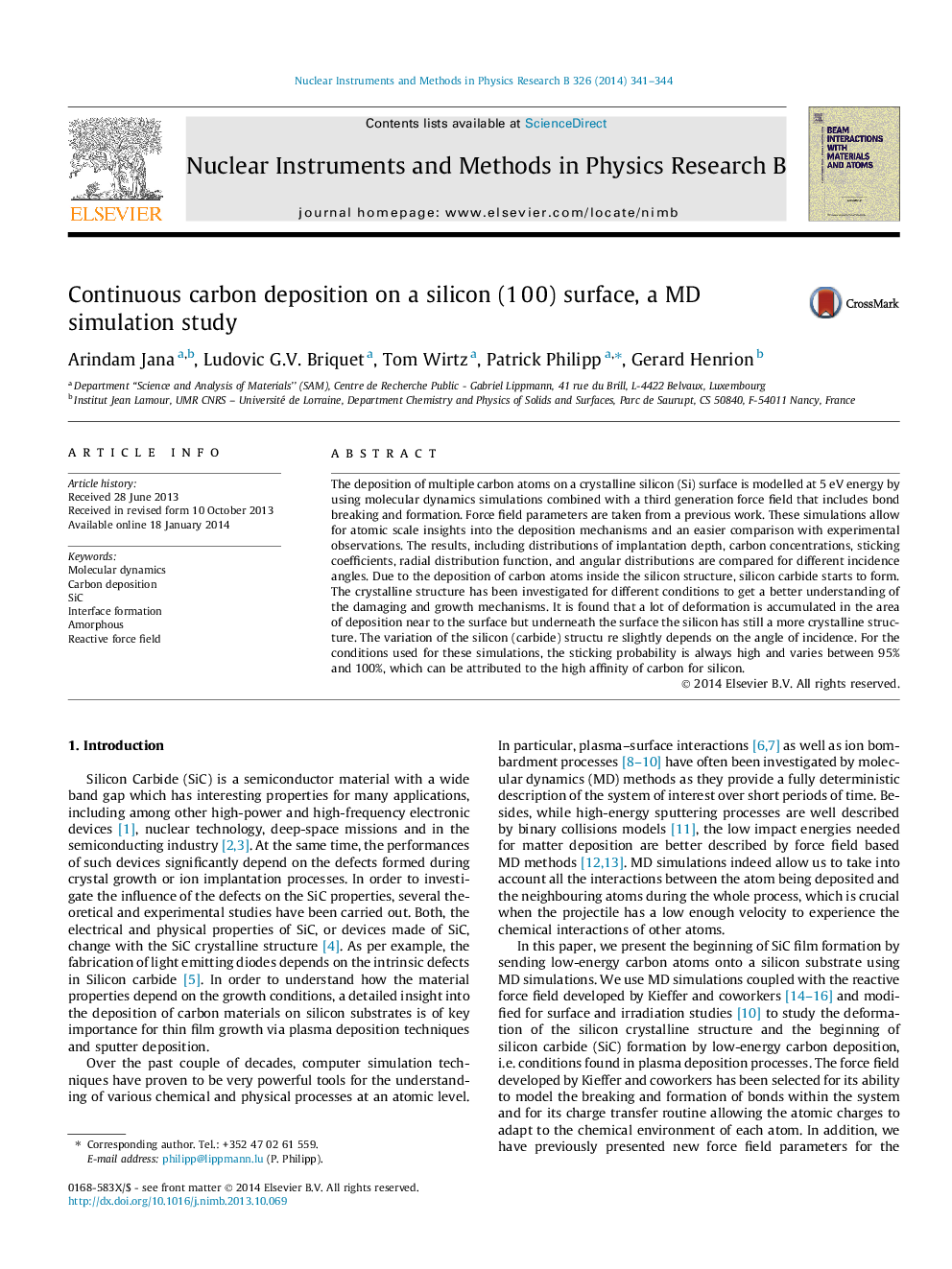 Continuous carbon deposition on a silicon (1 0 0) surface, a MD simulation study