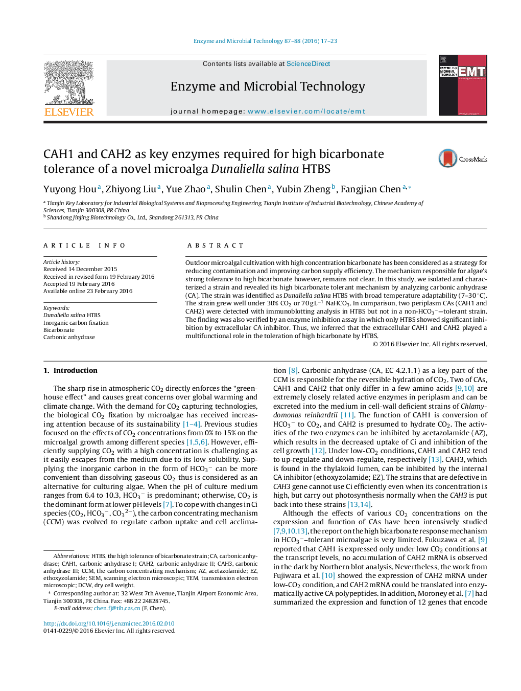 CAH1 and CAH2 as key enzymes required for high bicarbonate tolerance of a novel microalga Dunaliella salina HTBS