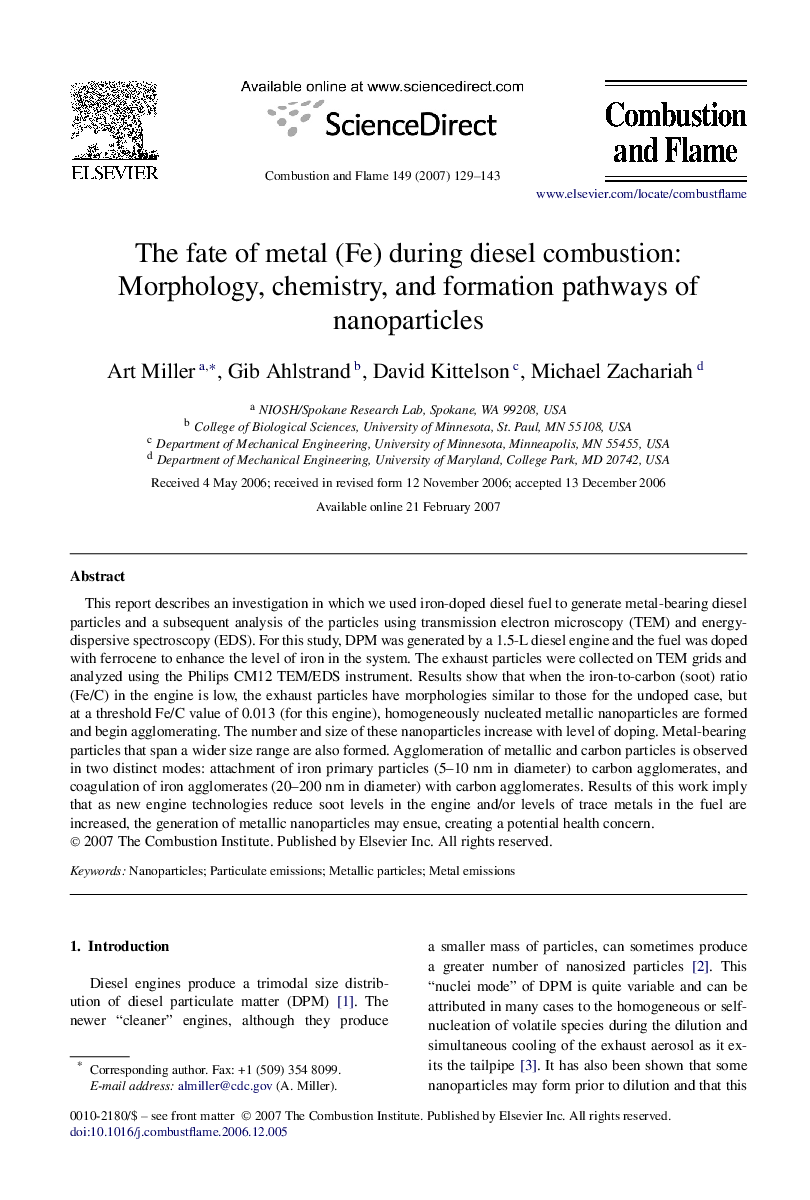 The fate of metal (Fe) during diesel combustion: Morphology, chemistry, and formation pathways of nanoparticles