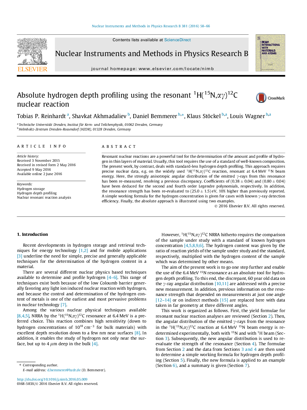 Absolute hydrogen depth profiling using the resonant 1H(15N,αγαγ)12C nuclear reaction