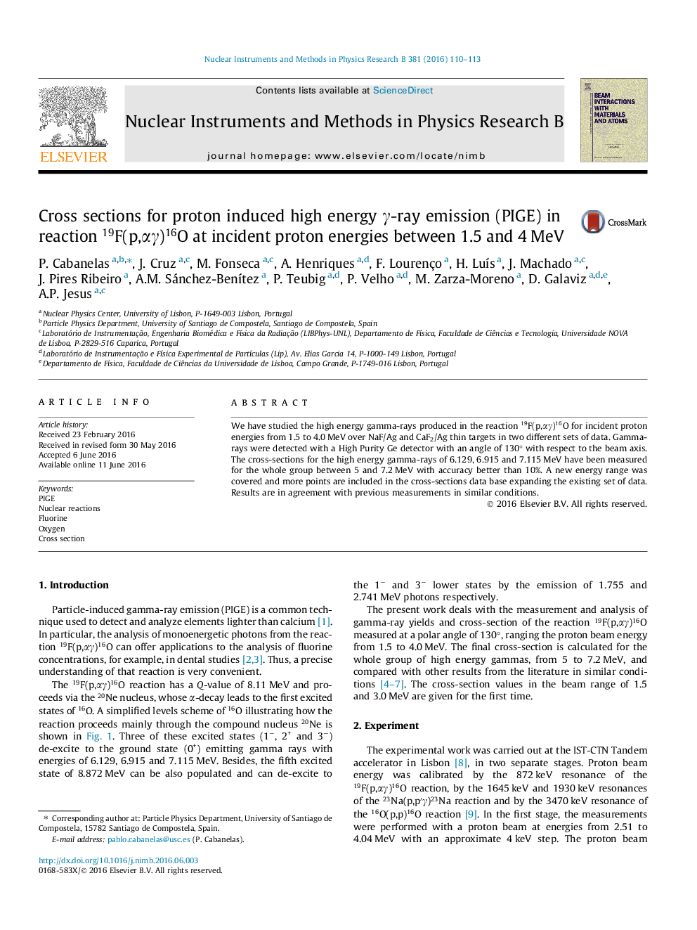 Cross sections for proton induced high energy Î³-ray emission (PIGE) in reaction 19F(p,Î±Î³)16O at incident proton energies between 1.5 and 4Â MeV