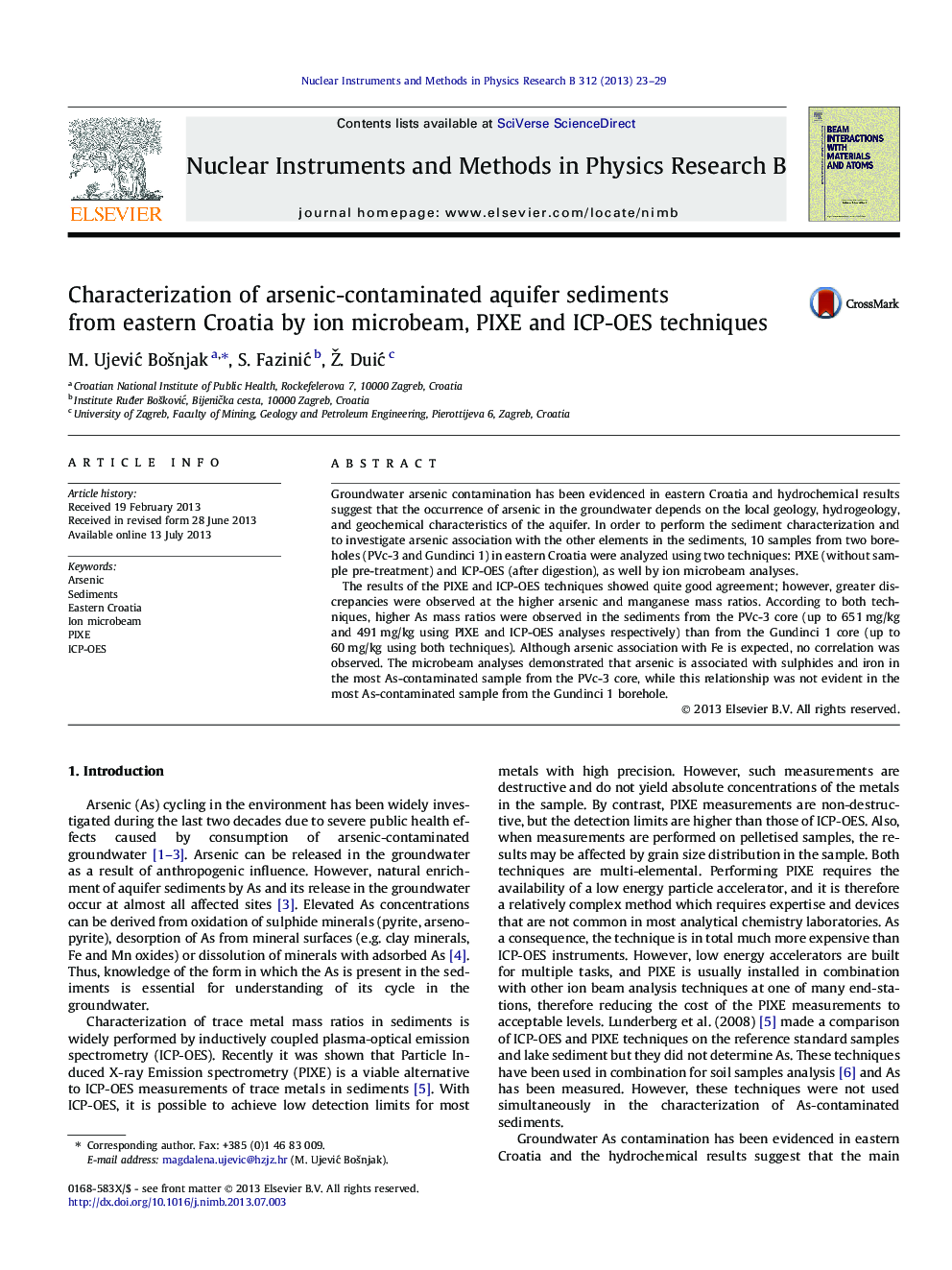 Characterization of arsenic-contaminated aquifer sediments from eastern Croatia by ion microbeam, PIXE and ICP-OES techniques