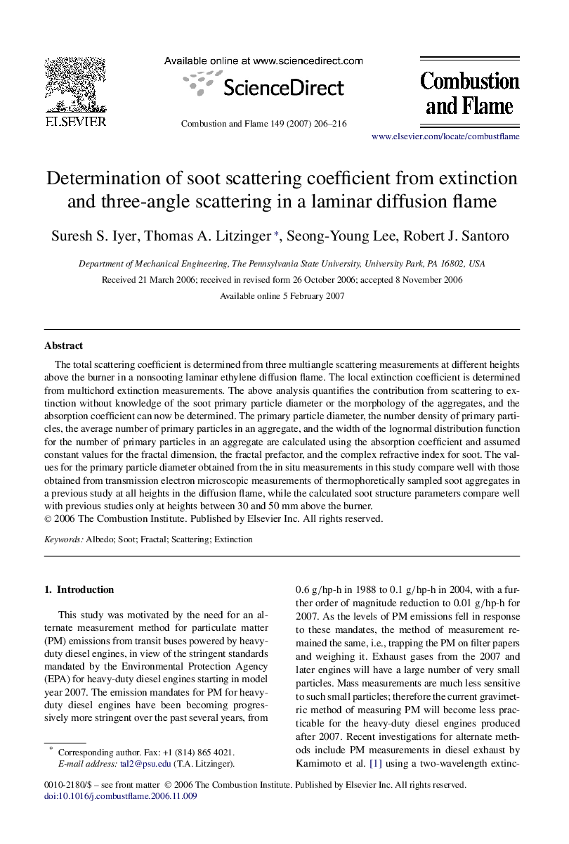 Determination of soot scattering coefficient from extinction and three-angle scattering in a laminar diffusion flame