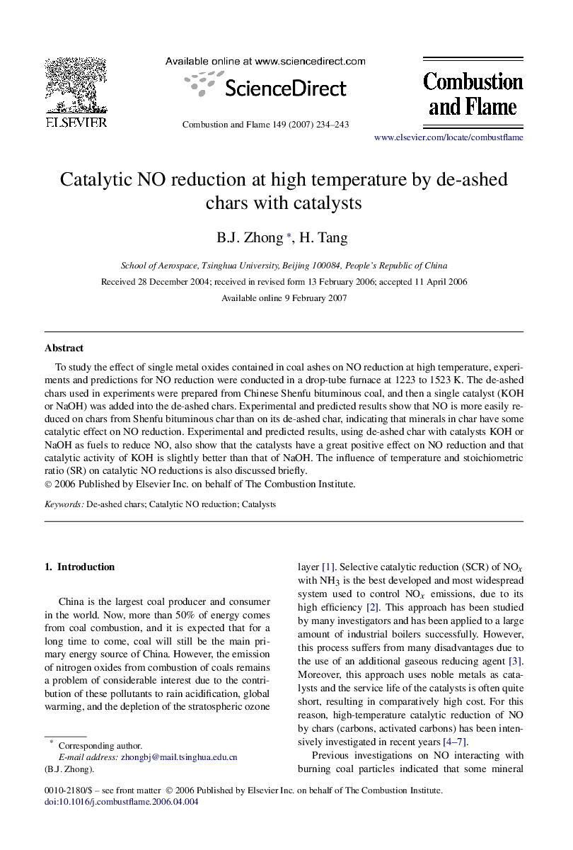 Catalytic NO reduction at high temperature by de-ashed chars with catalysts