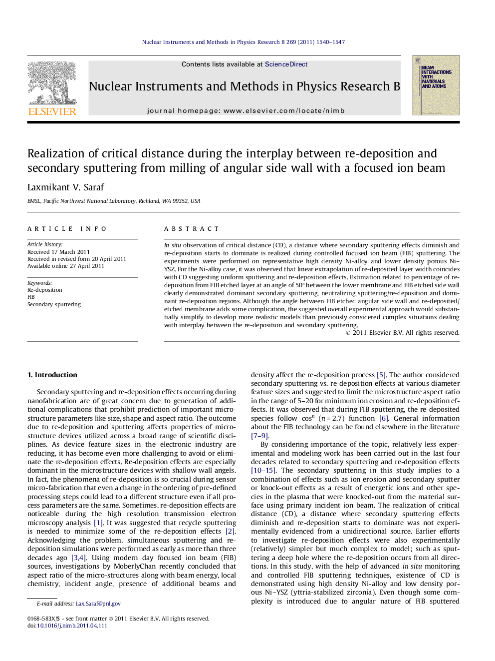 Realization of critical distance during the interplay between re-deposition and secondary sputtering from milling of angular side wall with a focused ion beam