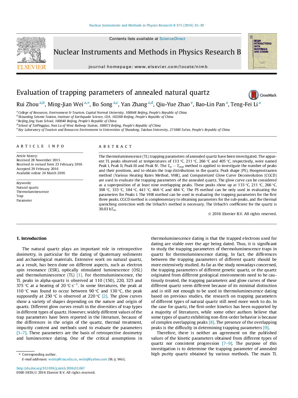 Evaluation of trapping parameters of annealed natural quartz