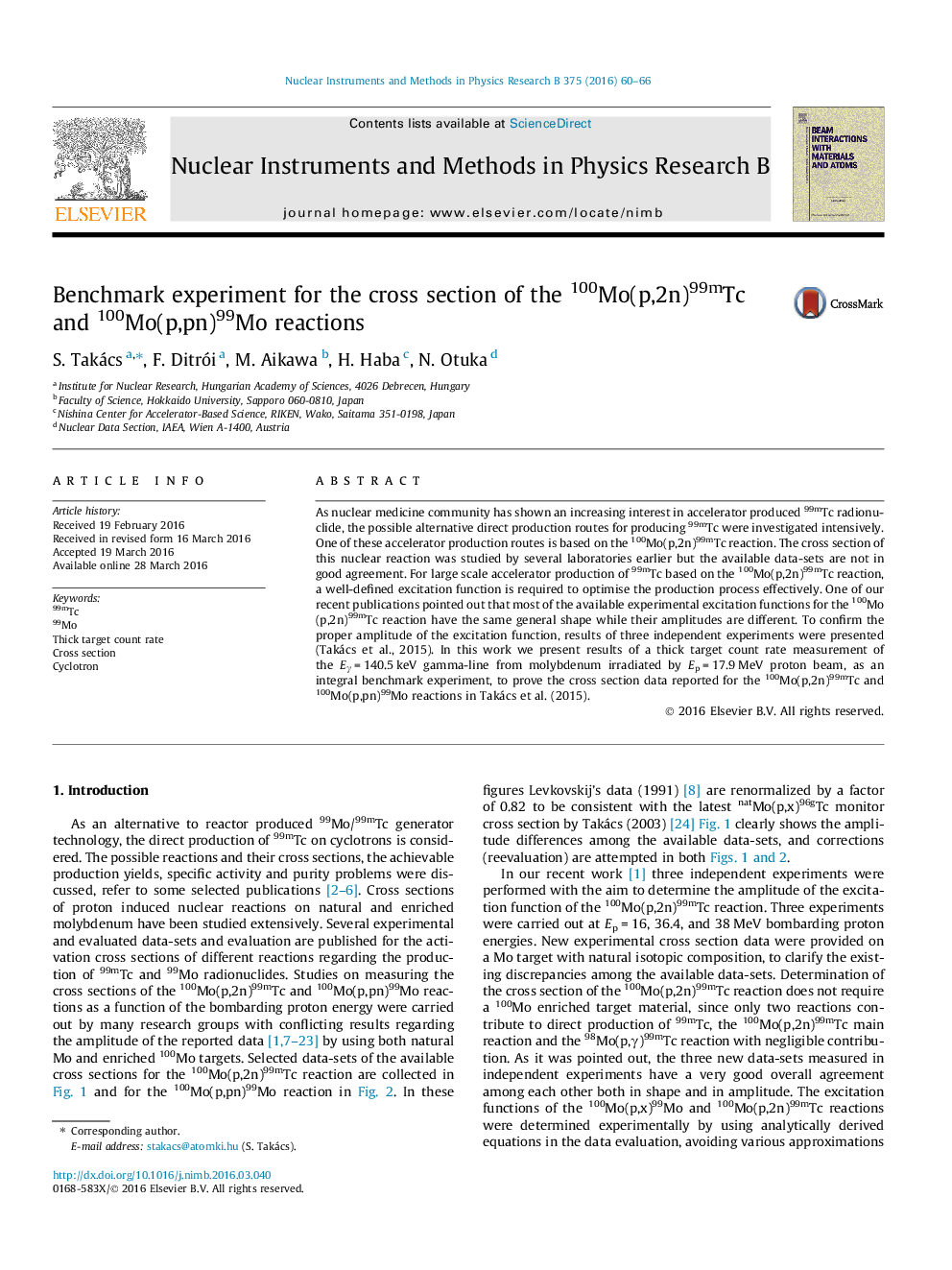 Benchmark experiment for the cross section of the 100Mo(p,2n)99mTc and 100Mo(p,pn)99Mo reactions