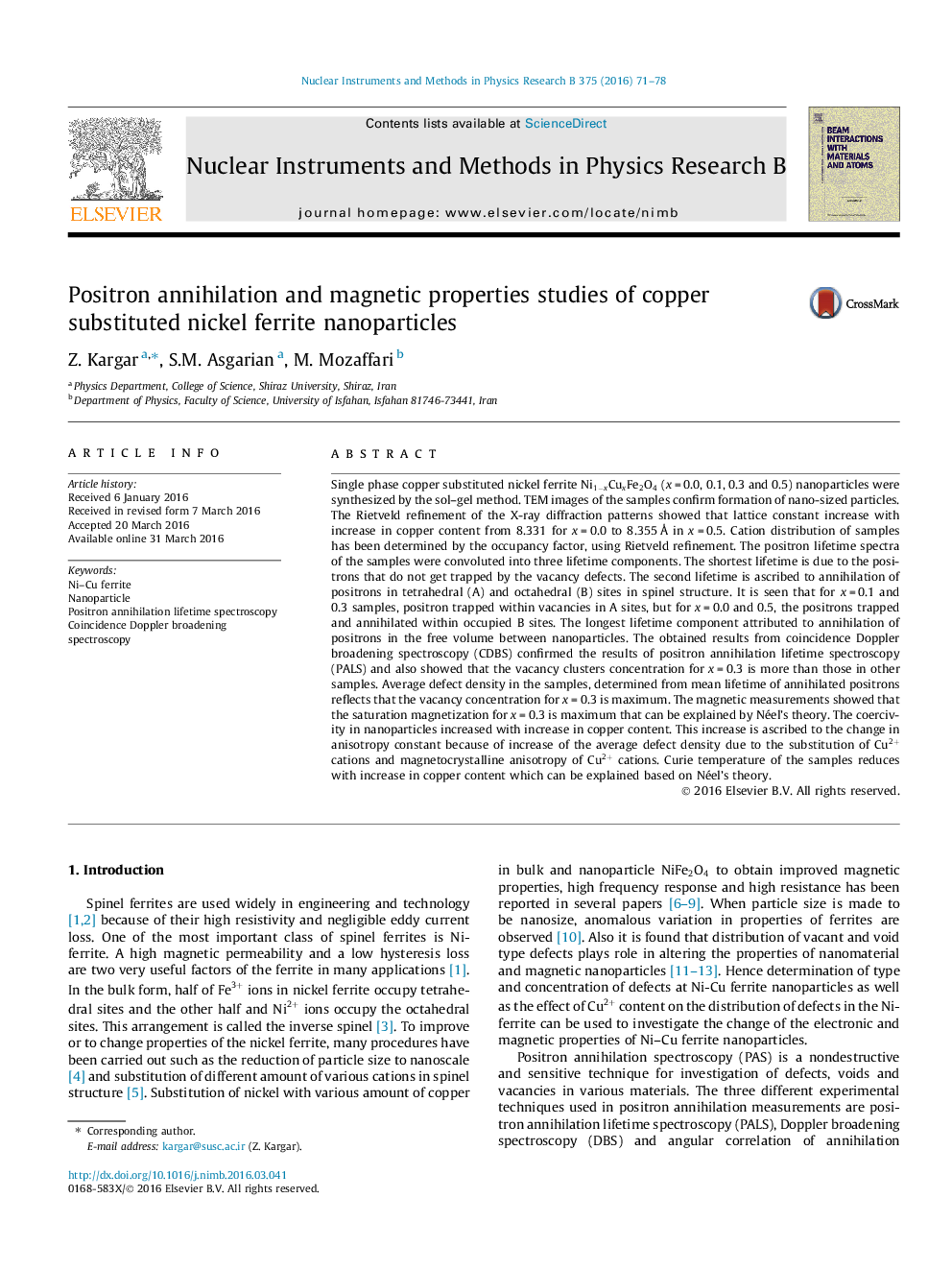 Positron annihilation and magnetic properties studies of copper substituted nickel ferrite nanoparticles