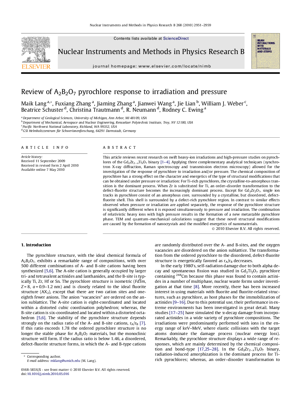 Review of A2B2O7 pyrochlore response to irradiation and pressure