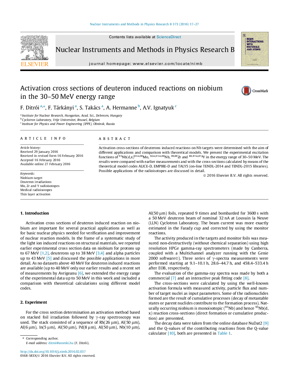 Activation cross sections of deuteron induced reactions on niobium in the 30–50 MeV energy range