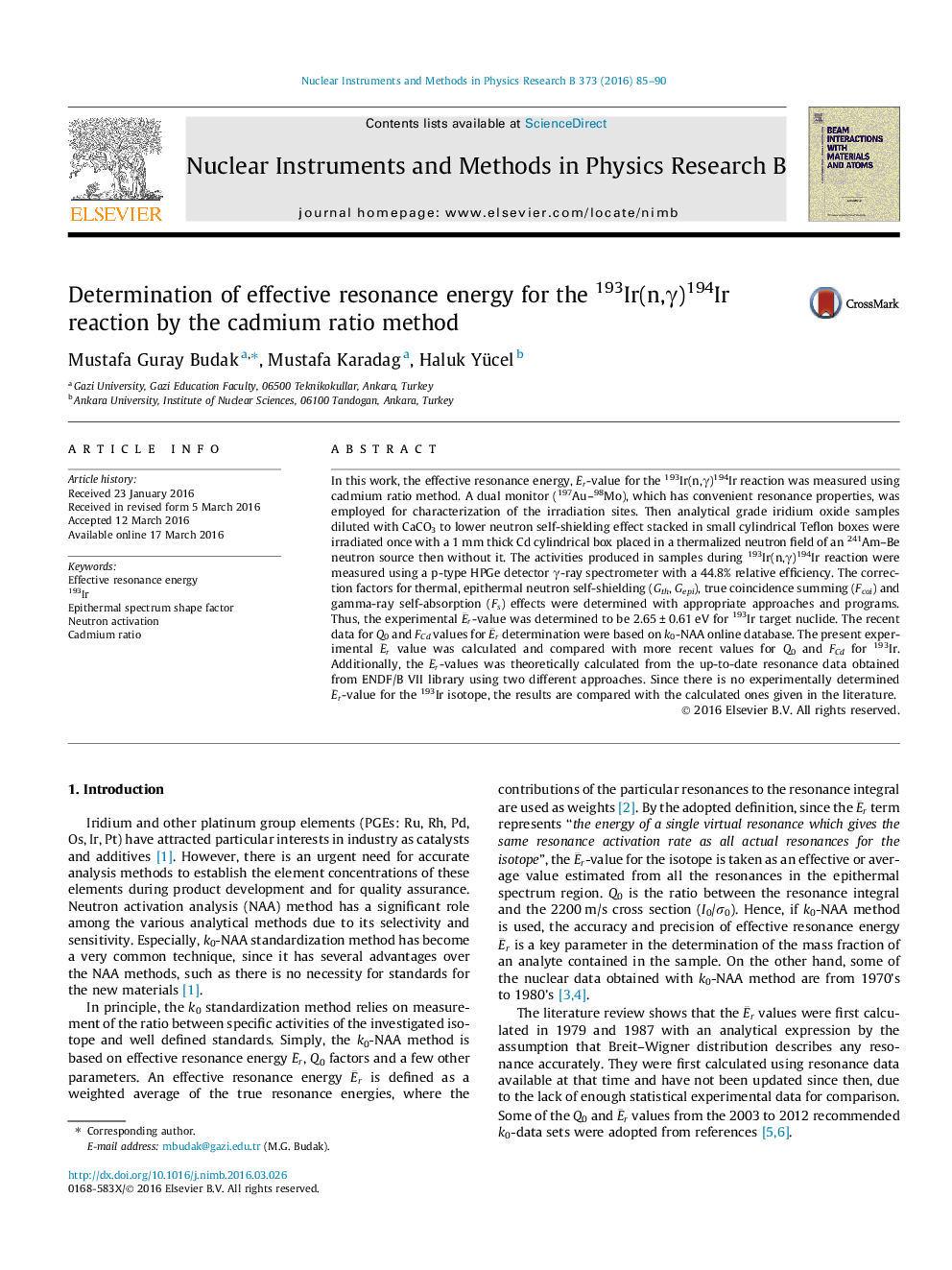 Determination of effective resonance energy for the 193Ir(n,Î³)194Ir reaction by the cadmium ratio method