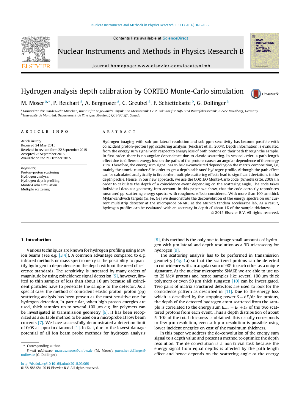 Hydrogen analysis depth calibration by CORTEO Monte-Carlo simulation