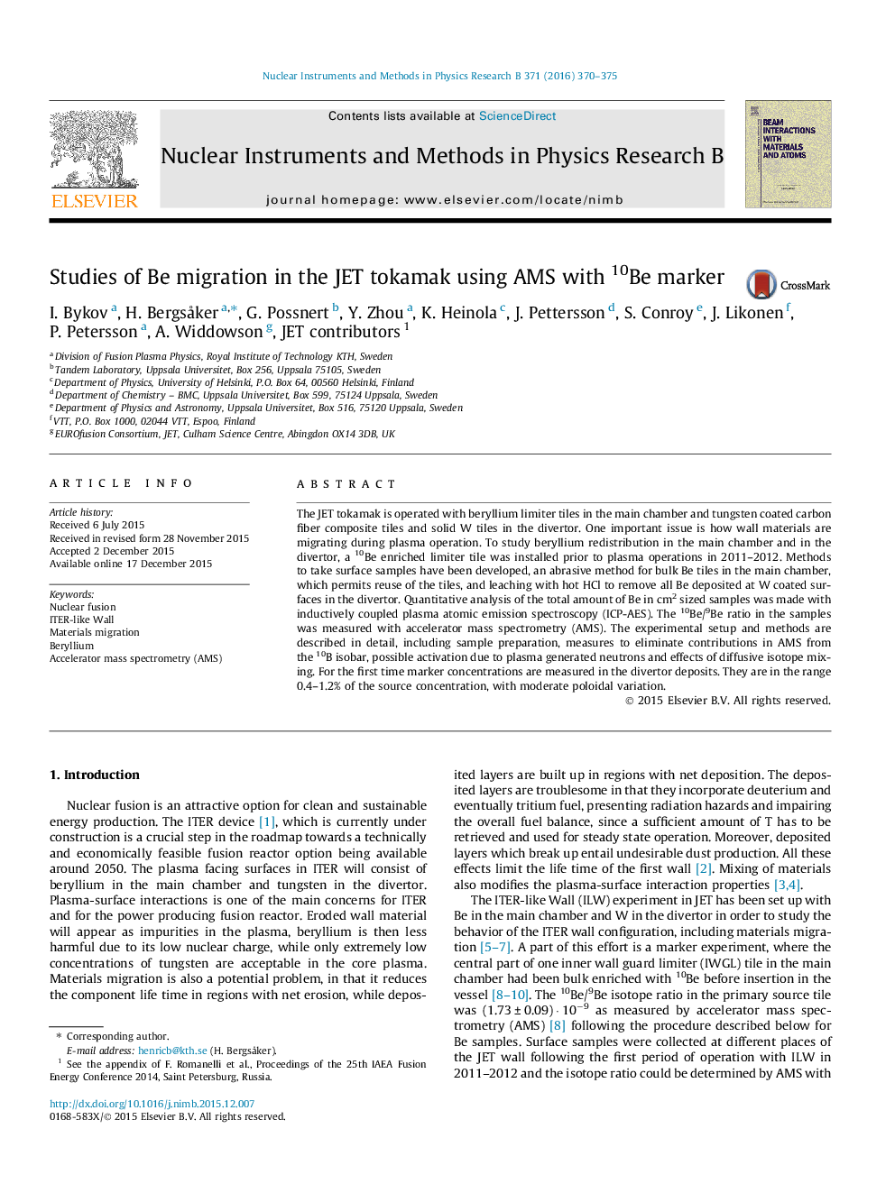 Studies of Be migration in the JET tokamak using AMS with 10Be marker