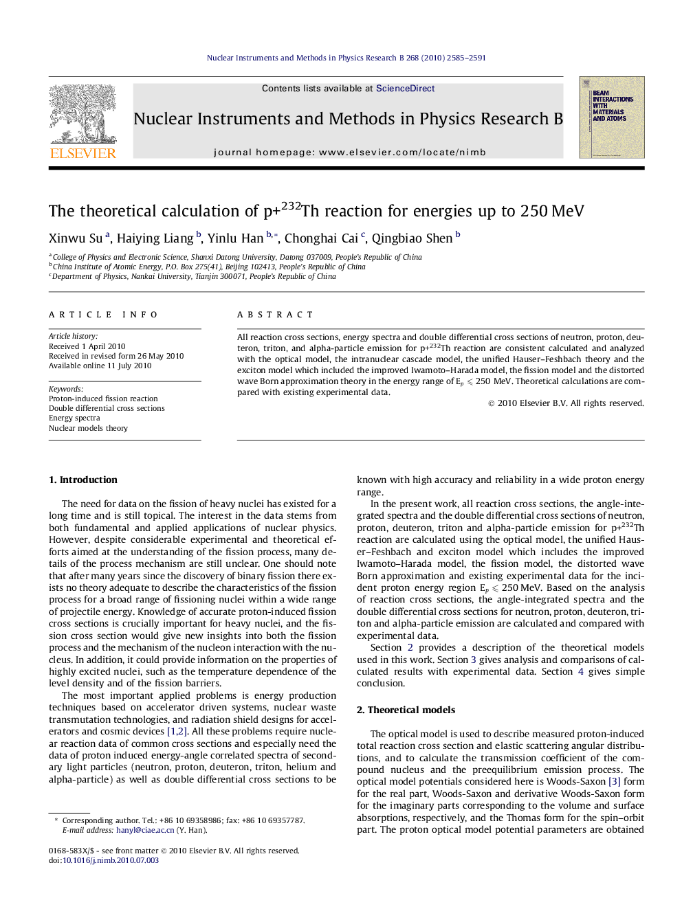 عکس صفحه اول مقاله: The theoretical calculation of p+232Th reaction for energies up to 250Â MeV The theoretical calculation of p+232Th reaction for energies up to 250Â MeV