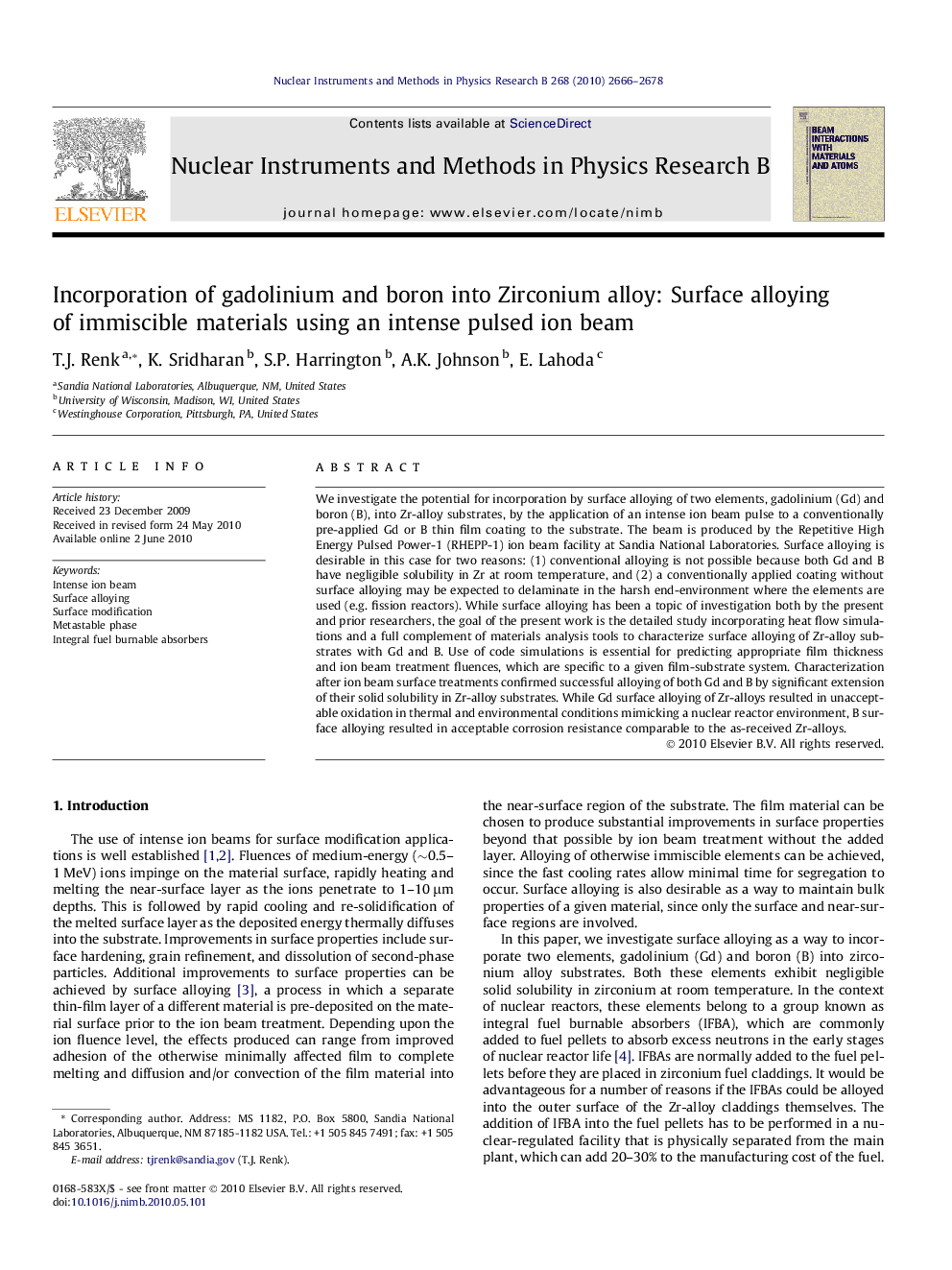 Incorporation of gadolinium and boron into Zirconium alloy: Surface alloying of immiscible materials using an intense pulsed ion beam