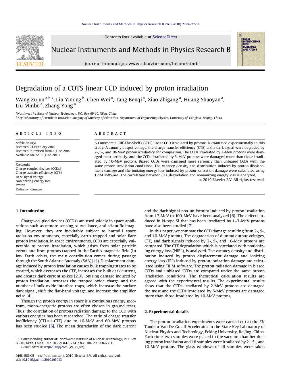 Degradation of a COTS linear CCD induced by proton irradiation