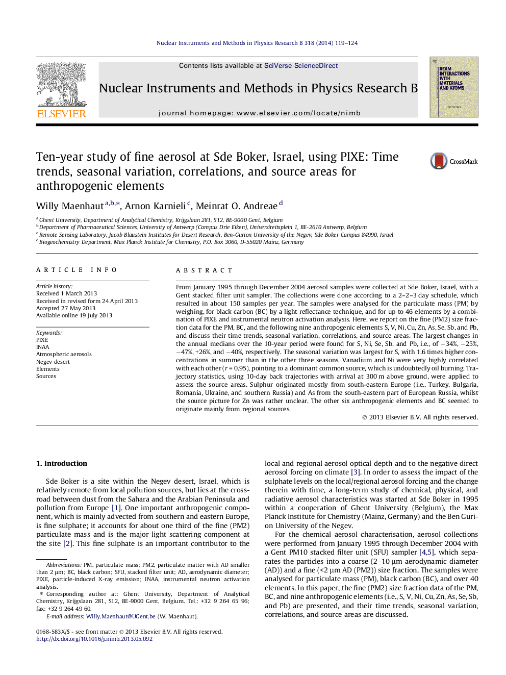 Ten-year study of fine aerosol at Sde Boker, Israel, using PIXE: Time trends, seasonal variation, correlations, and source areas for anthropogenic elements