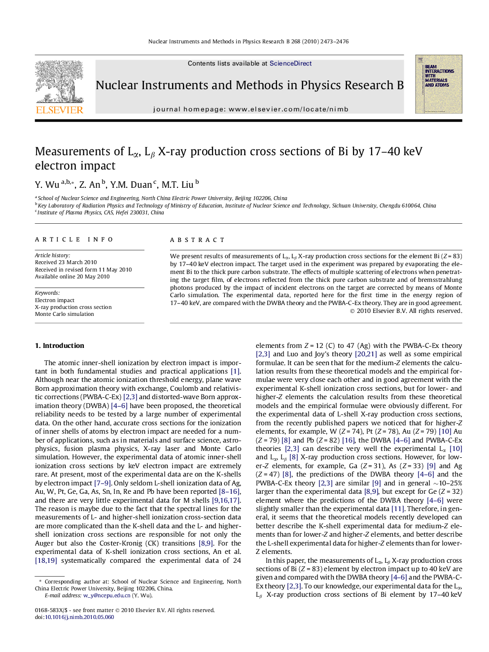 Measurements of LÎ±, LÎ² X-ray production cross sections of Bi by 17-40Â keV electron impact