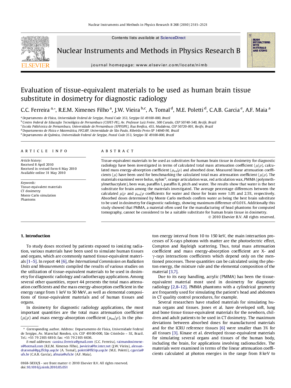 Evaluation of tissue-equivalent materials to be used as human brain tissue substitute in dosimetry for diagnostic radiology