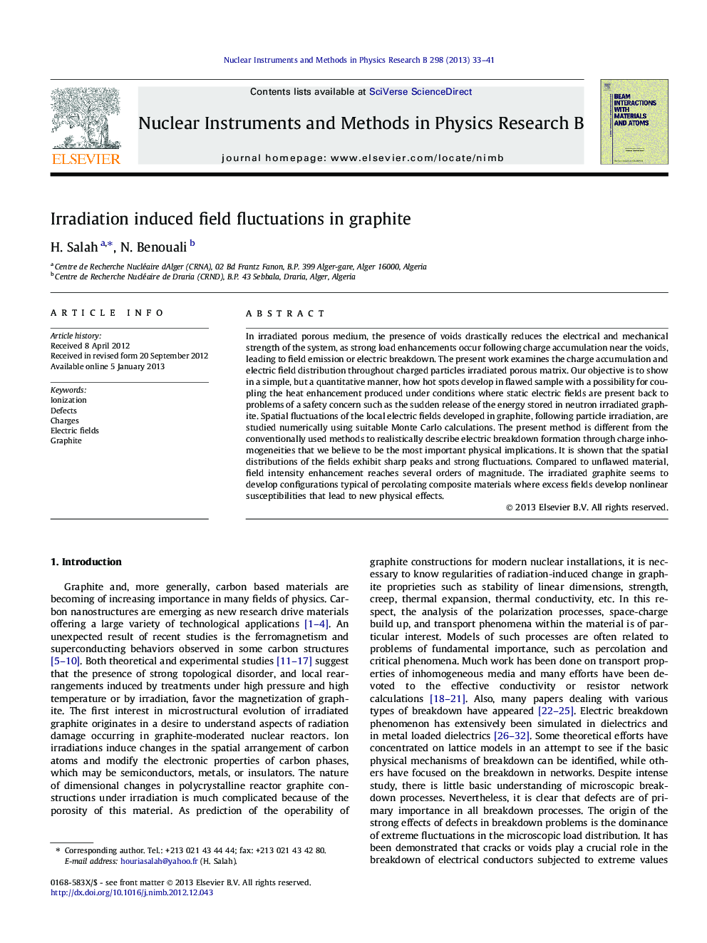 Irradiation induced field fluctuations in graphite