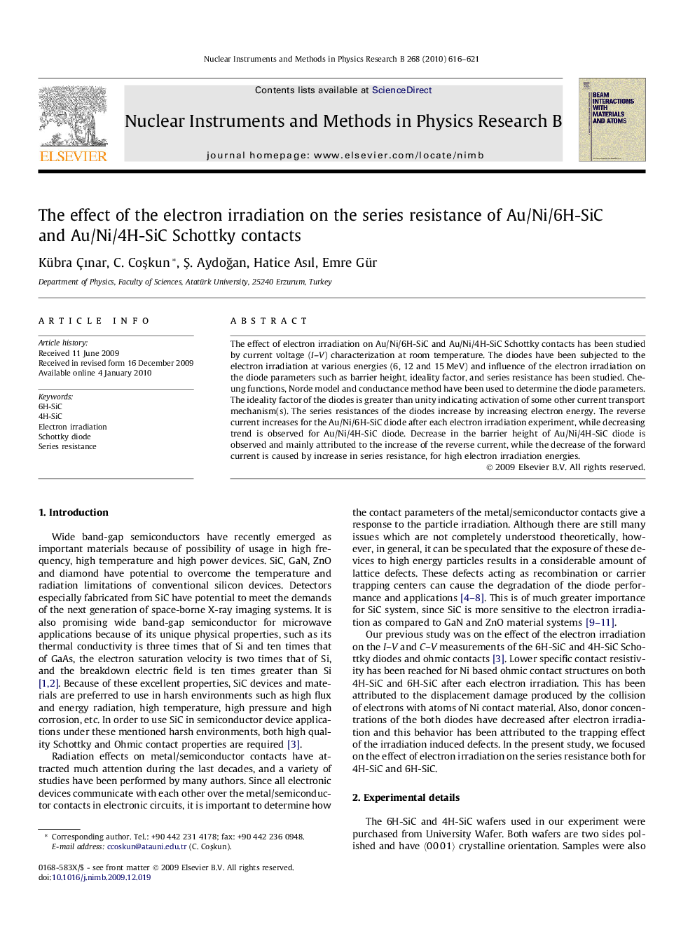 The effect of the electron irradiation on the series resistance of Au/Ni/6H-SiC and Au/Ni/4H-SiC Schottky contacts