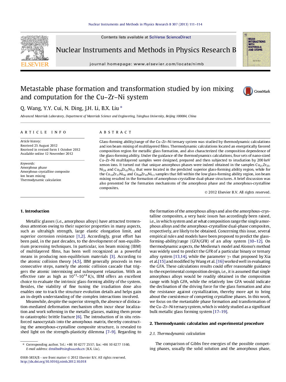 Metastable phase formation and transformation studied by ion mixing and computation for the Cu-Zr-Ni system