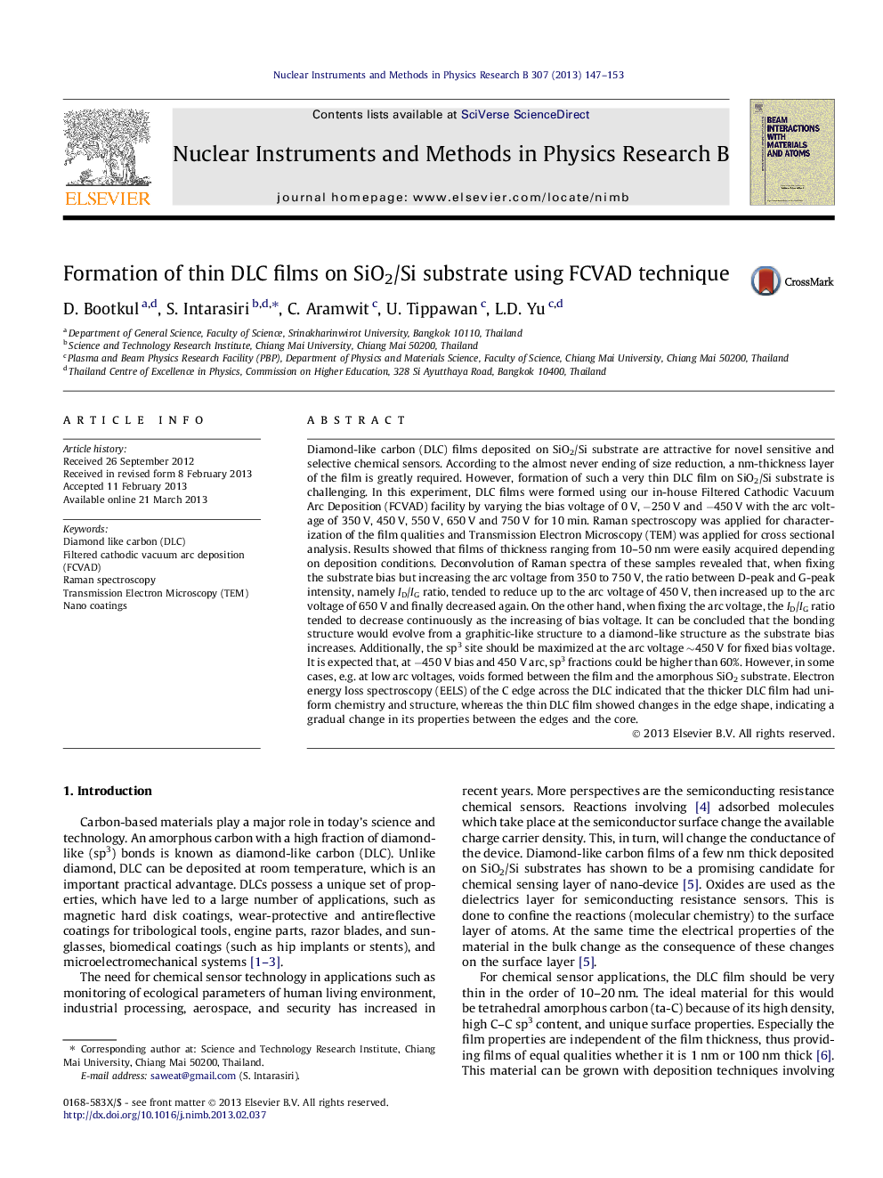 Formation of thin DLC films on SiO2/Si substrate using FCVAD technique