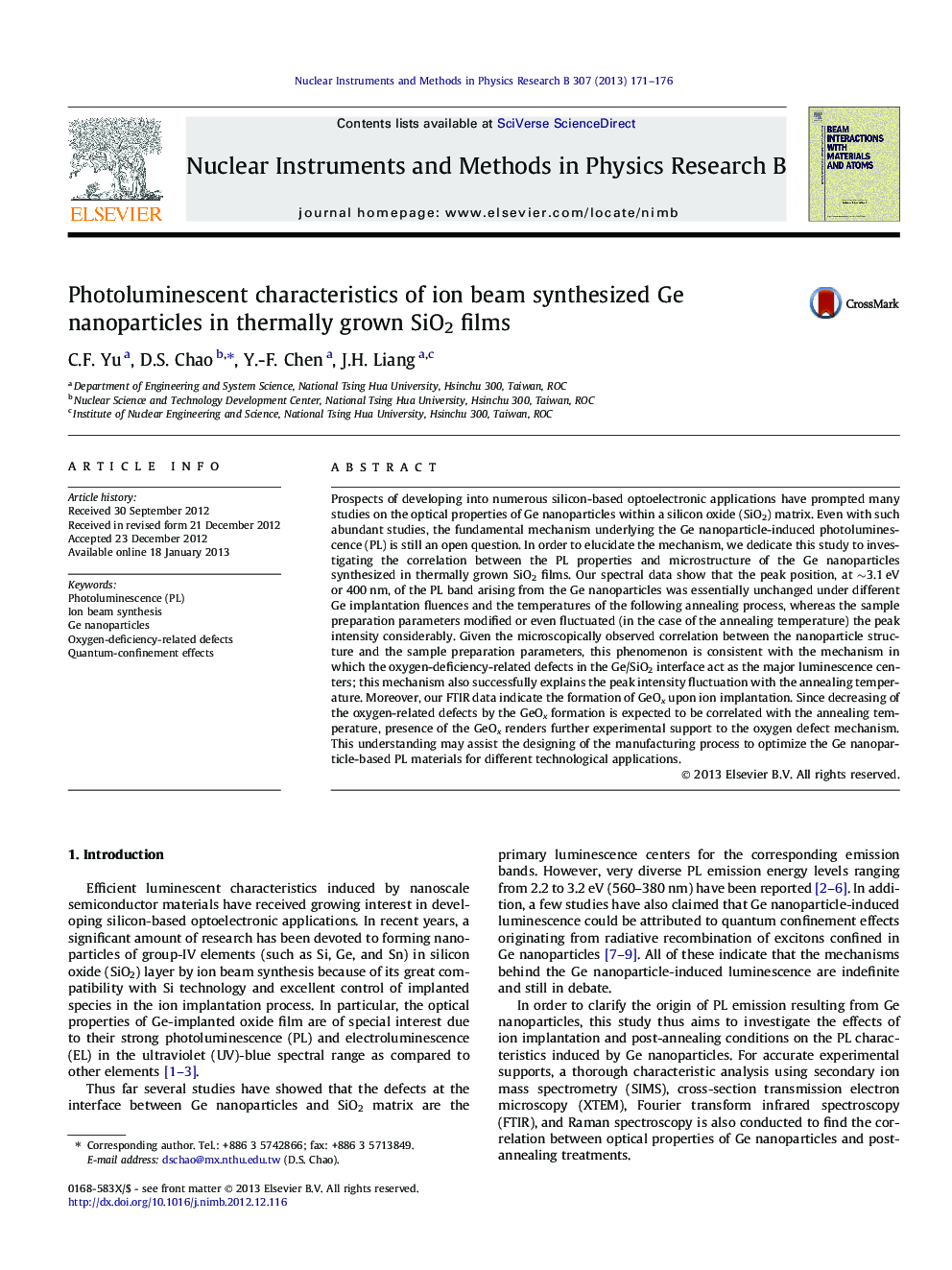 Photoluminescent characteristics of ion beam synthesized Ge nanoparticles in thermally grown SiO2 films