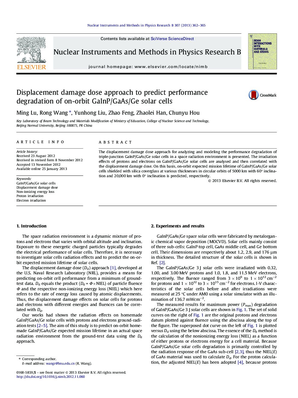 Displacement damage dose approach to predict performance degradation of on-orbit GaInP/GaAs/Ge solar cells