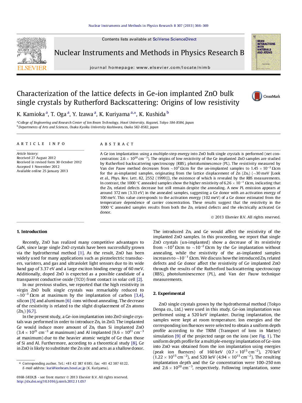 عکس صفحه اول مقاله: Characterization of the lattice defects in Ge-ion implanted ZnO bulk single crystals by Rutherford Backscattering: Origins of low resistivity Characterization of the lattice defects in Ge-ion implanted ZnO bulk single crystals by Rutherford Backscattering: Origins of low resistivity