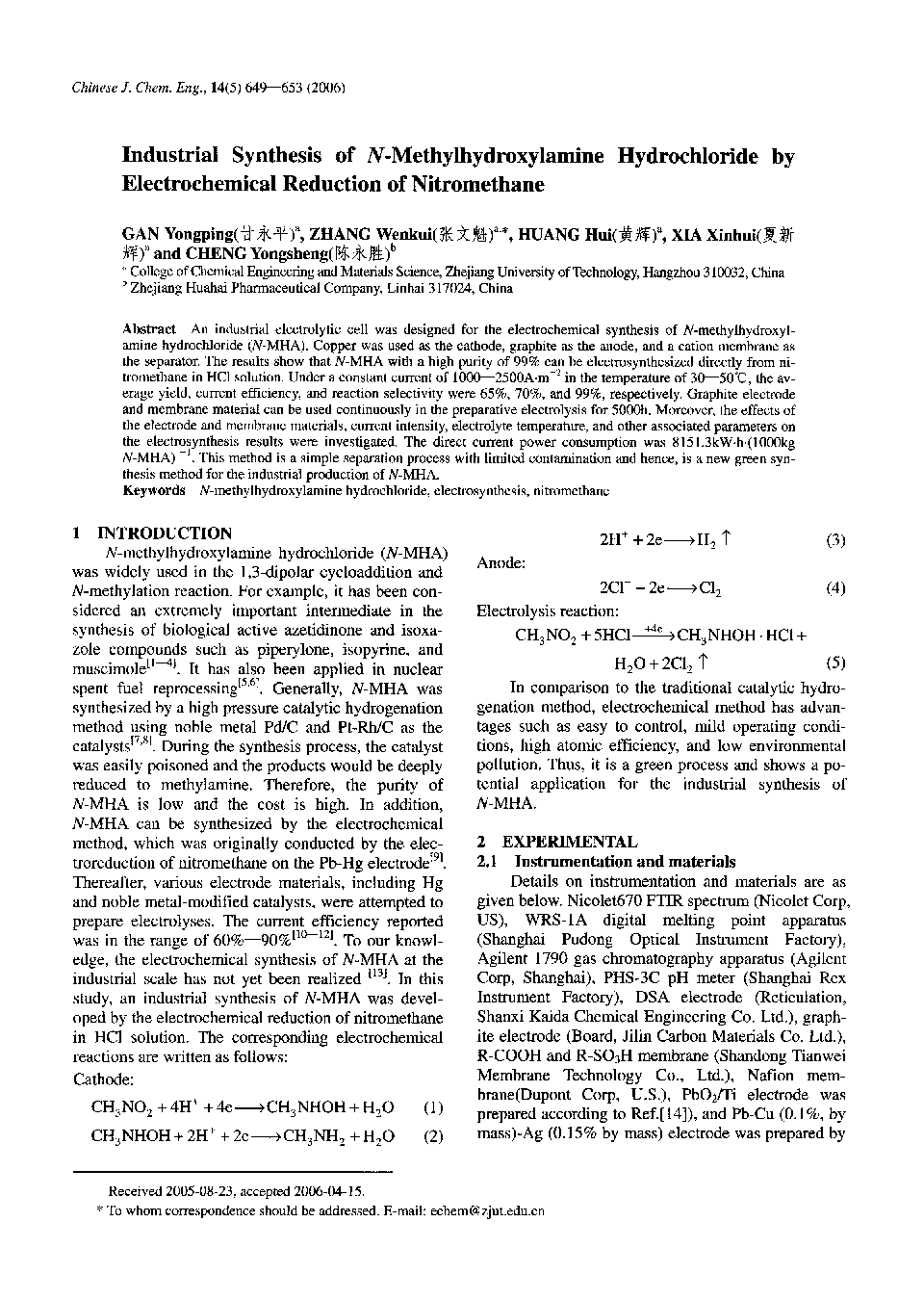 Industrial Synthesis of N-Methylhydroxylamine Hydrochloride by Electrochemical Reduction of Nitromethane