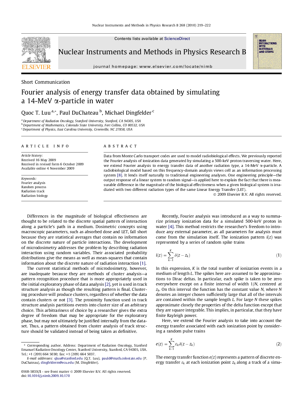 Fourier analysis of energy transfer data obtained by simulating a 14-MeV Î±-particle in water