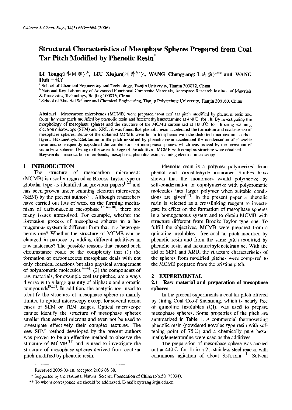 Structural Characteristics of Mesophase Spheres Prepared from Coal Tar Pitch Modified by Phenolic Resin1 