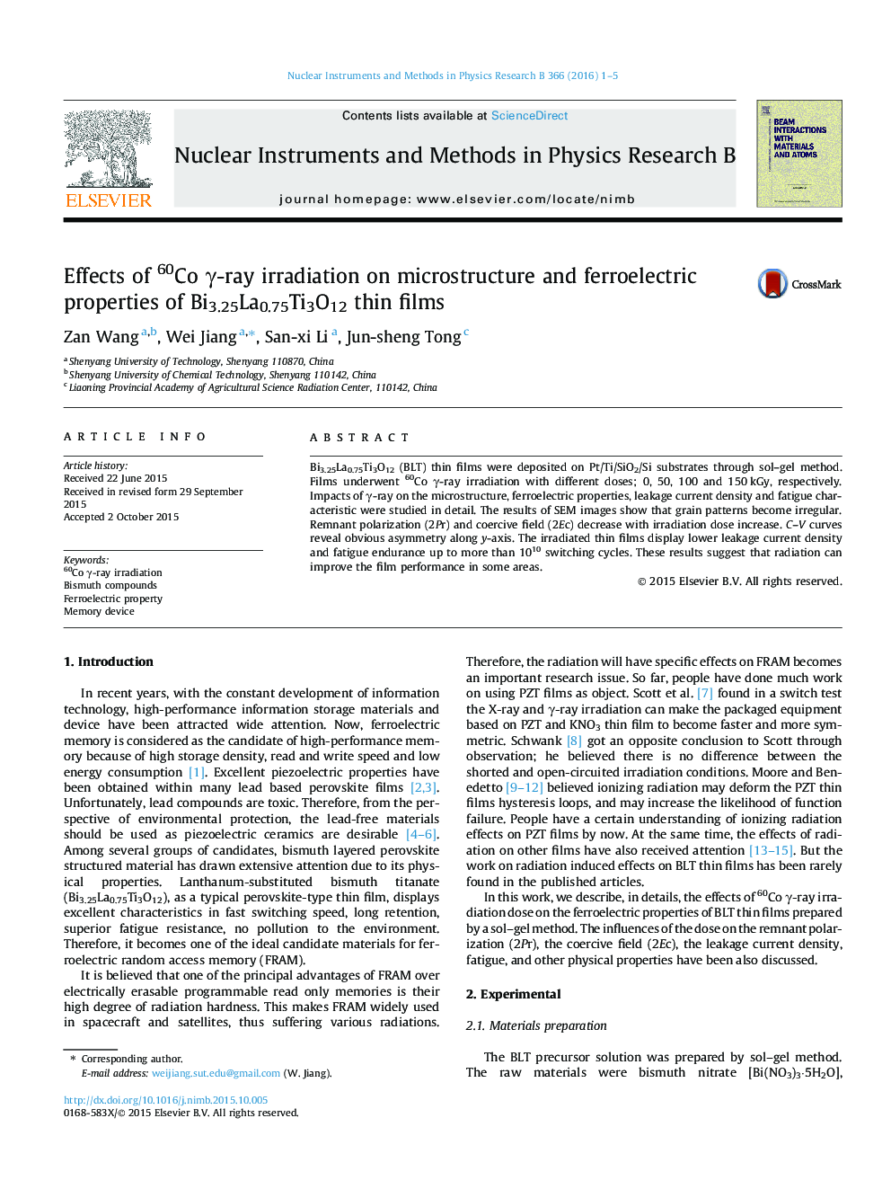 Effects of 60Co Î³-ray irradiation on microstructure and ferroelectric properties of Bi3.25La0.75Ti3O12 thin films