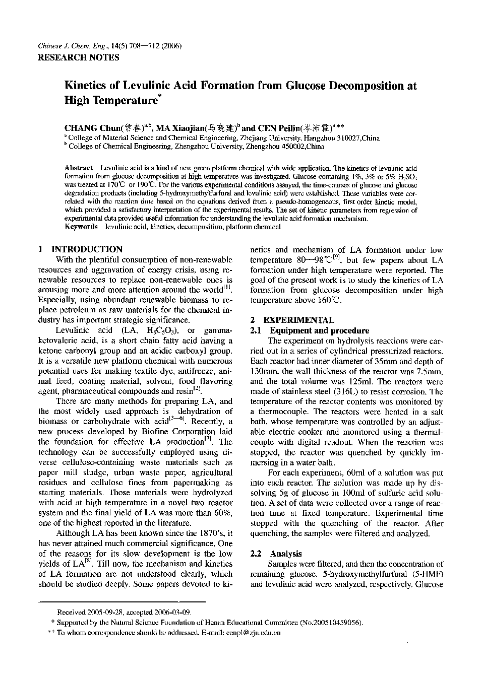 Kinetics of Levulinic Acid Formation from Glucose Decomposition at High Temperature1 