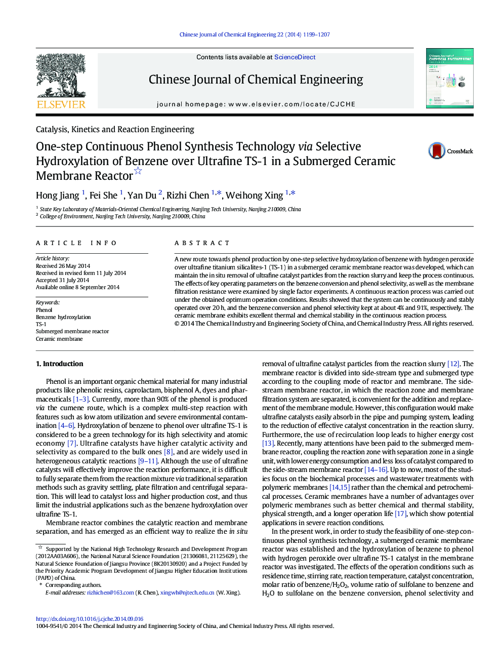 One-step Continuous Phenol Synthesis Technology via Selective Hydroxylation of Benzene over Ultrafine TS-1 in a Submerged Ceramic Membrane Reactor 