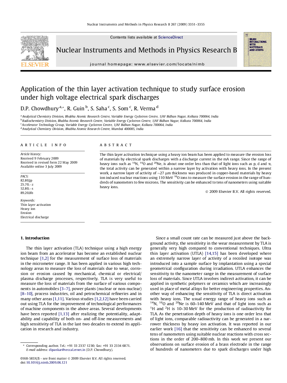 Application of the thin layer activation technique to study surface erosion under high voltage electrical spark discharges