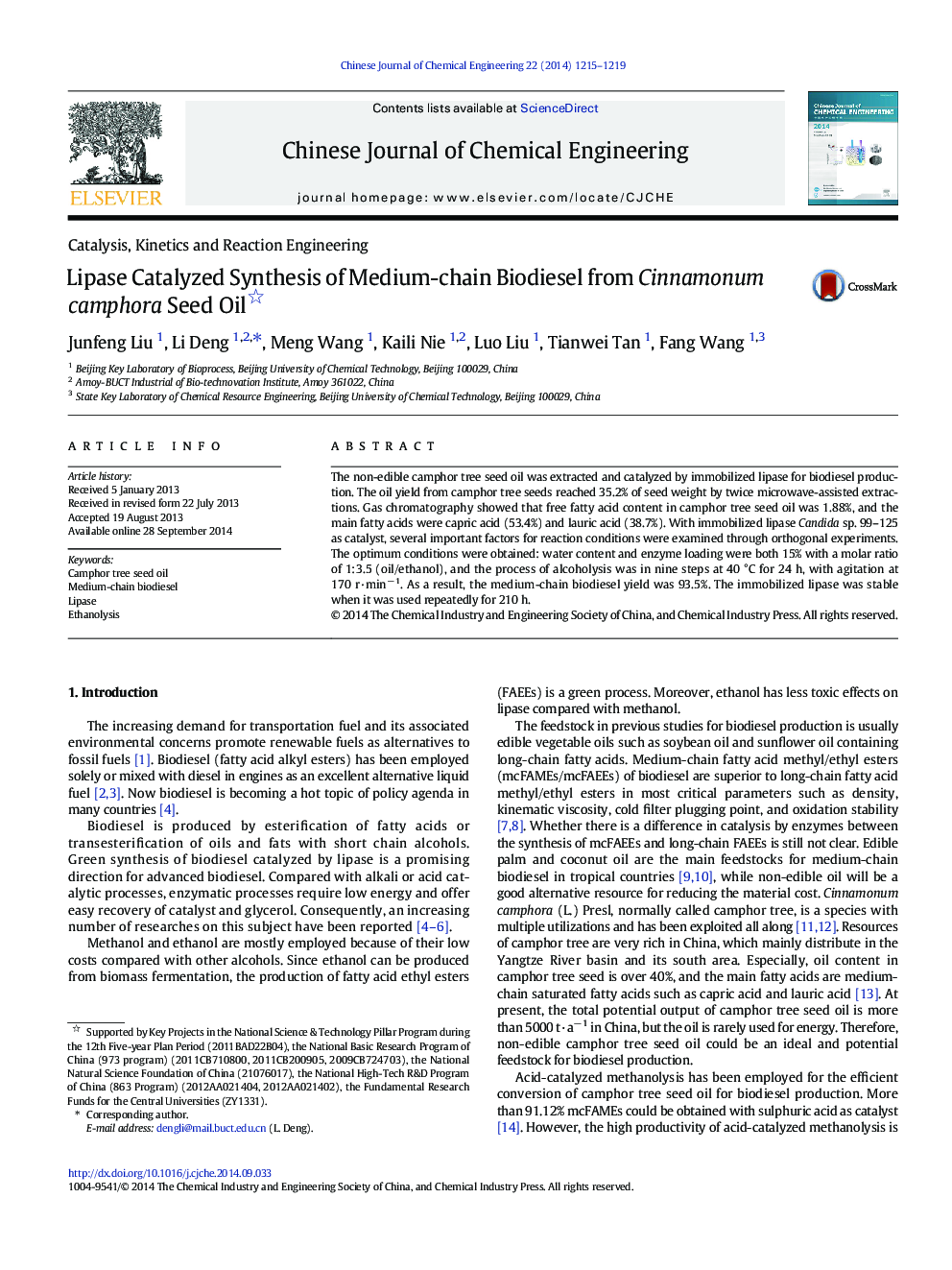 Lipase Catalyzed Synthesis of Medium-chain Biodiesel from Cinnamonum camphora Seed Oil 