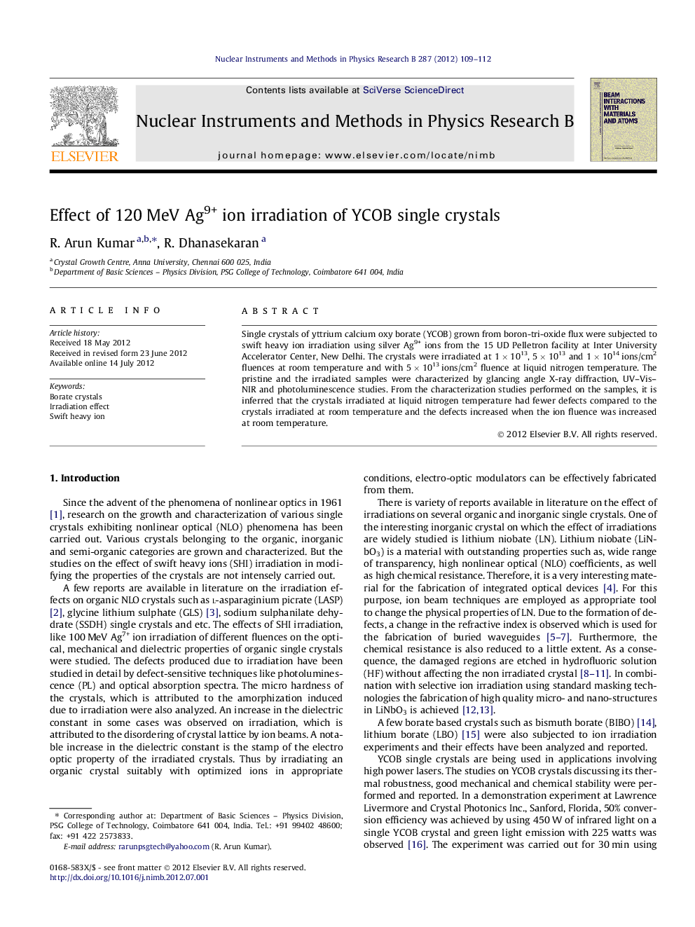 Effect of 120Â MeV Ag9+ ion irradiation of YCOB single crystals