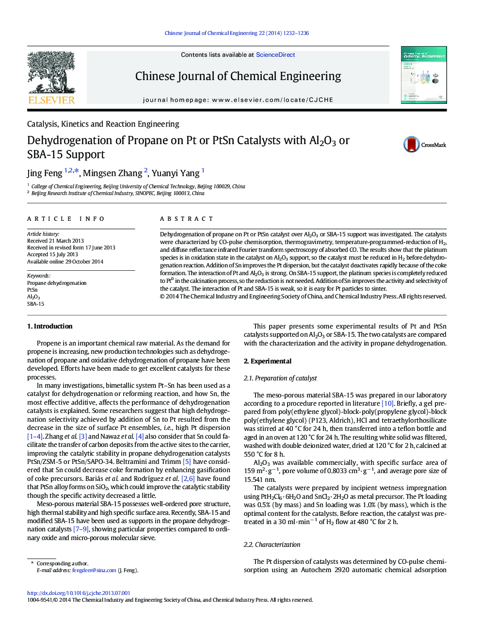 Dehydrogenation of Propane on Pt or PtSn Catalysts with Al2O3 or SBA-15 Support