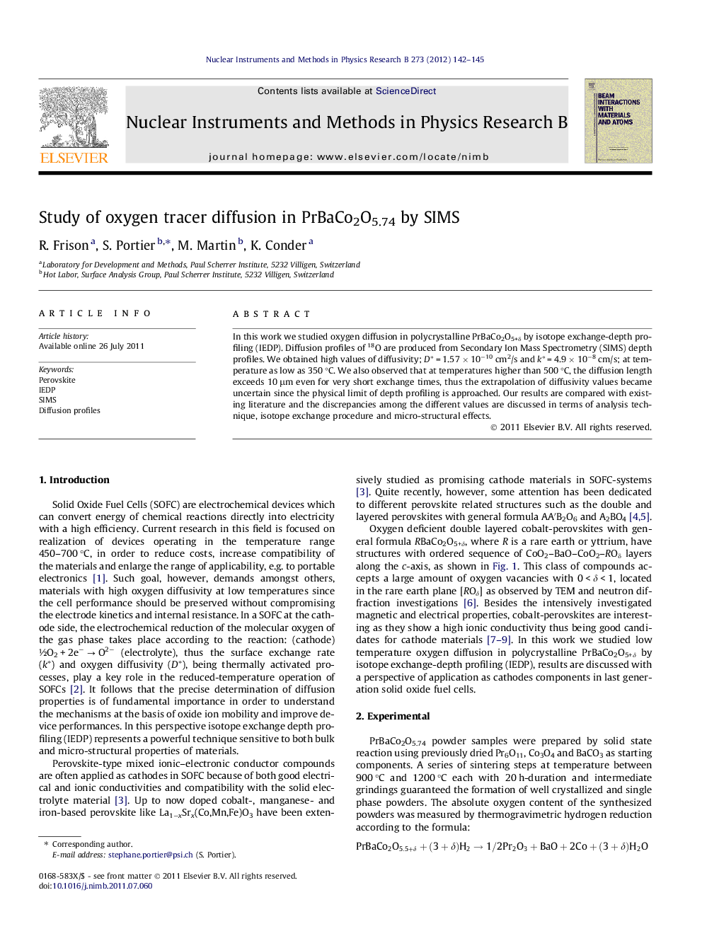 Study of oxygen tracer diffusion in PrBaCo2O5.74 by SIMS