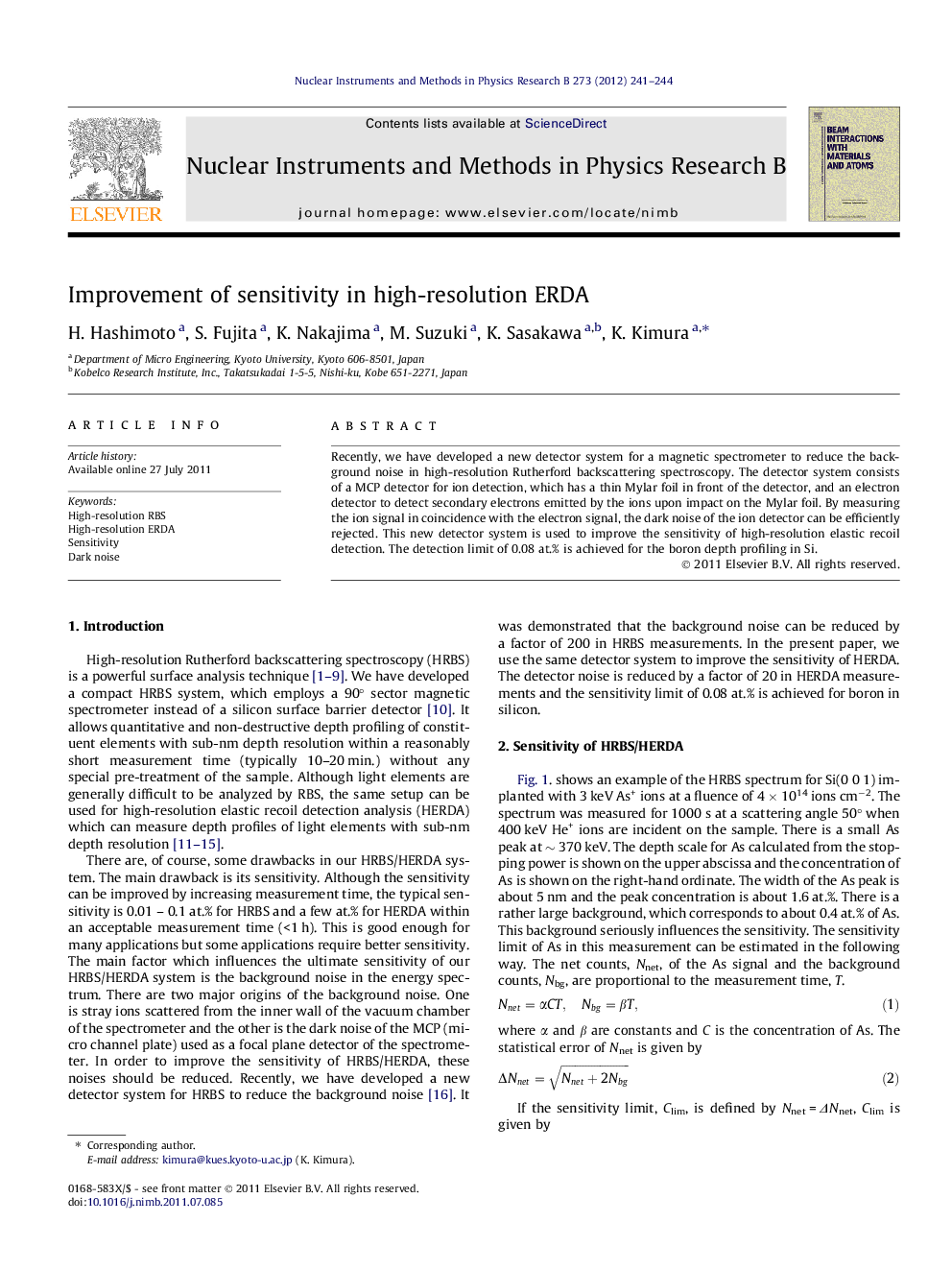 Improvement of sensitivity in high-resolution ERDA