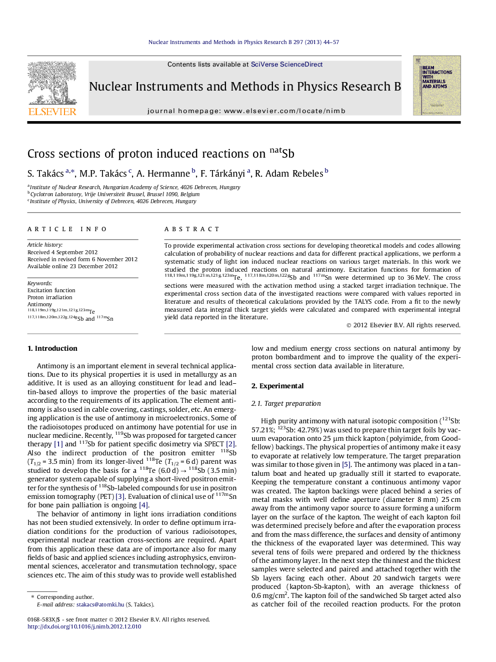 Cross sections of proton induced reactions on natSb