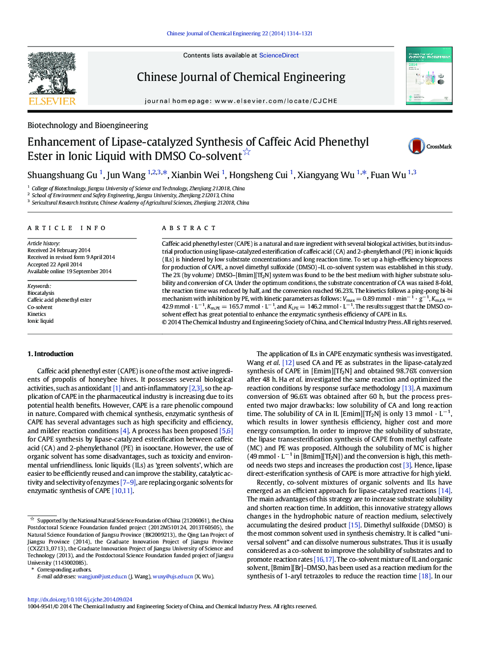 Enhancement of Lipase-catalyzed Synthesis of Caffeic Acid Phenethyl Ester in Ionic Liquid with DMSO Co-solvent 