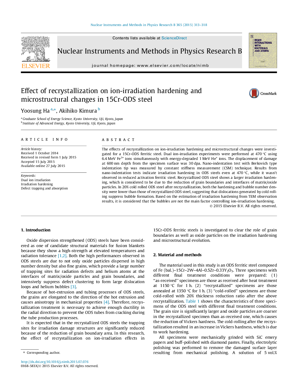 Effect of recrystallization on ion-irradiation hardening and microstructural changes in 15Cr-ODS steel