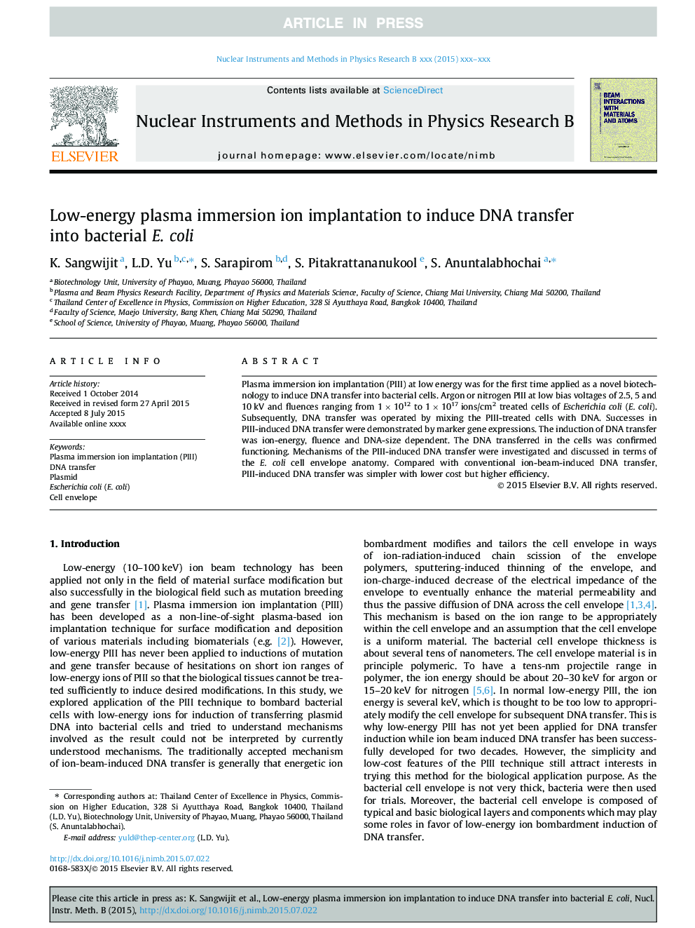 Low-energy plasma immersion ion implantation to induce DNA transfer into bacterial E. coli