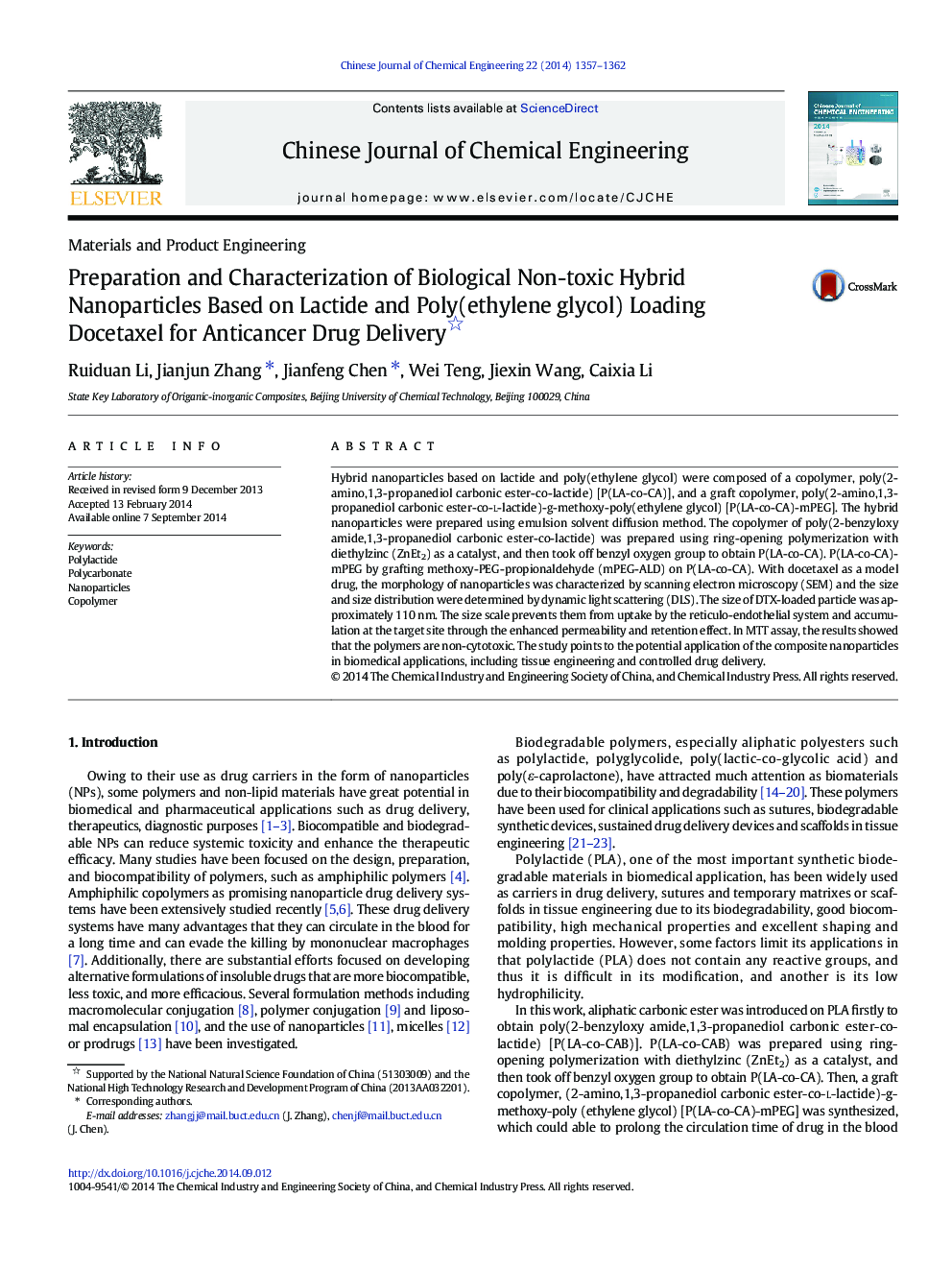 Preparation and Characterization of Biological Non-toxic Hybrid Nanoparticles Based on Lactide and Poly(ethylene glycol) Loading Docetaxel for Anticancer Drug Delivery 