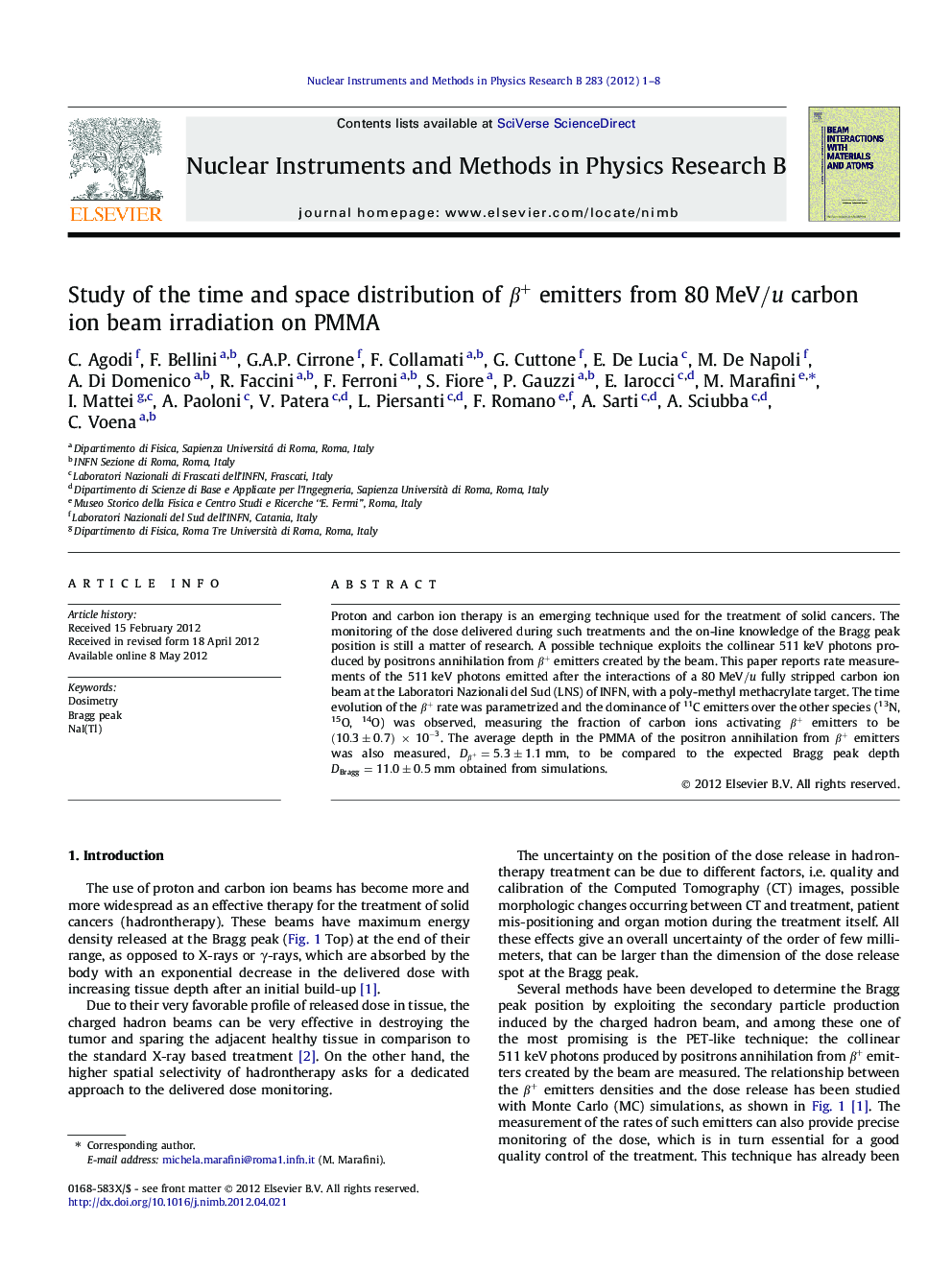 Study of the time and space distribution of Î²+ emitters from 80MeV/u carbon ion beam irradiation on PMMA